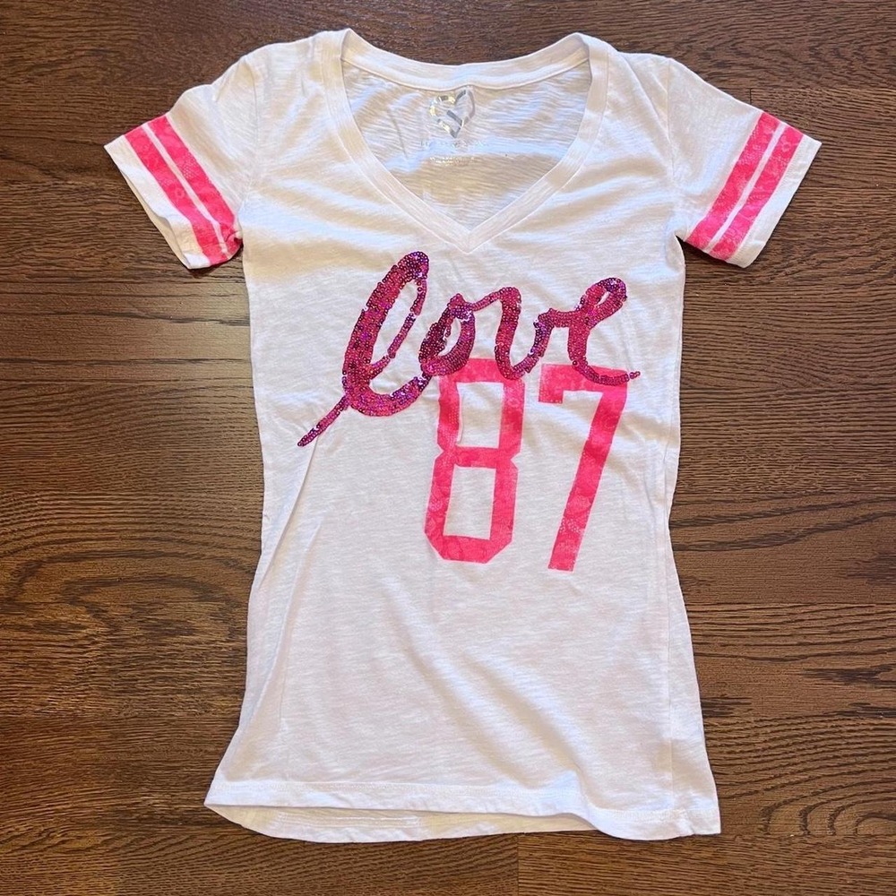 🍟y2k white‎ and pink glitter graphic love top small